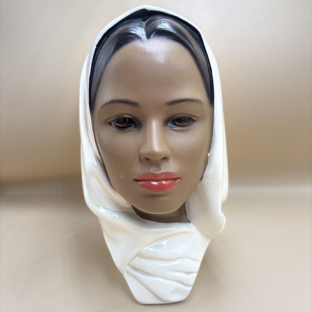 Vintage 1960s Marwal Chalkware Bust — Woman in Headscarf, Hand-Painted, ~10"